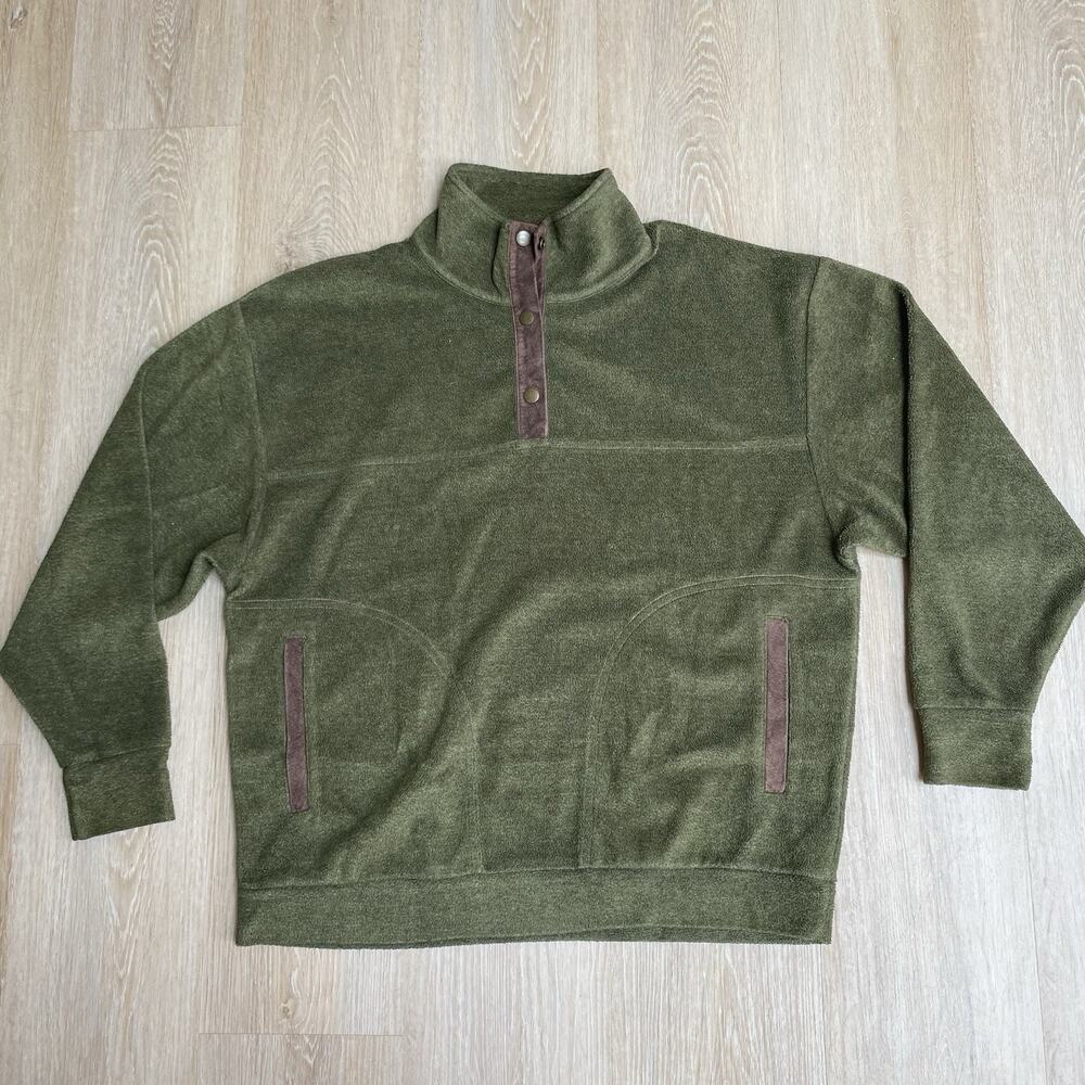 Vintage Clearwater Outfitters Men’s Fleece Olive Green Sweater SZ M Snap Neck